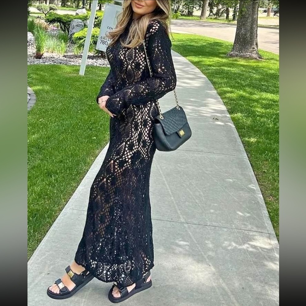 Limited Edition Zara Long Contrast Crochet Knit Dress Black Size S